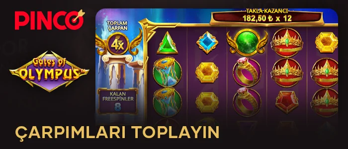 Pinco'da Gates of Olympus bonus oyunu sırasında çarpanları toplayın