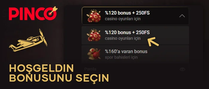 Pinco Türkiye'ye kayıt olurken hoş geldiniz casino bonusunu belirtin