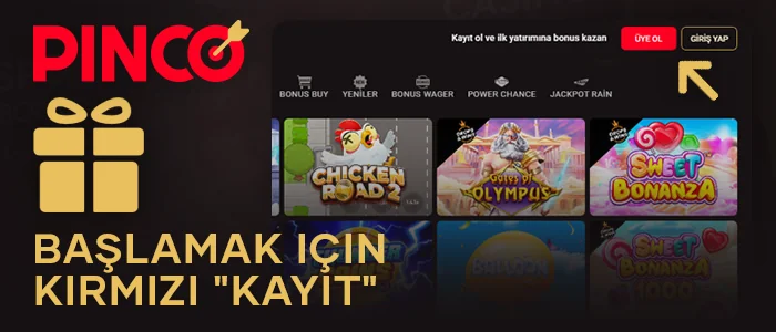 Pinco Casino web sitesinde kayıt düğmesine tıklayın.