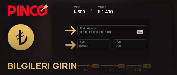 Pinco Türkiye'ye para yatırmak için gerekli bilgileri girin