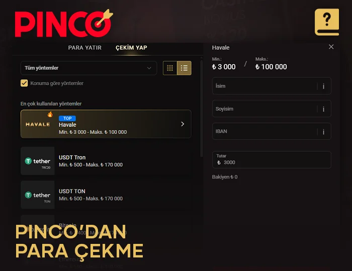 Pinco Türkiye'de para çekme adım adım talimatları