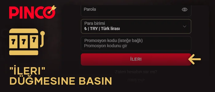 Pinco Türkiye'ye kaydolmak için devam düğmesine tıklayın