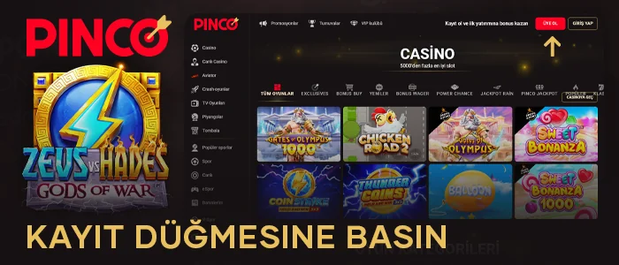 Zeus vs Hades bahisleri için Pinco'da kayıt düğmesine tıklayın